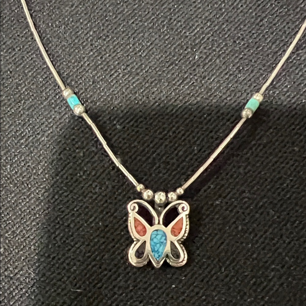 Sterling Silver Butterfly Necklace with Turquoise and Red